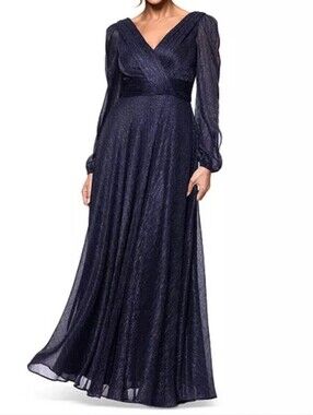 Betsy And Adam Elegant Long Sleeve V-Neck Navy Evening Dress. Metallic.